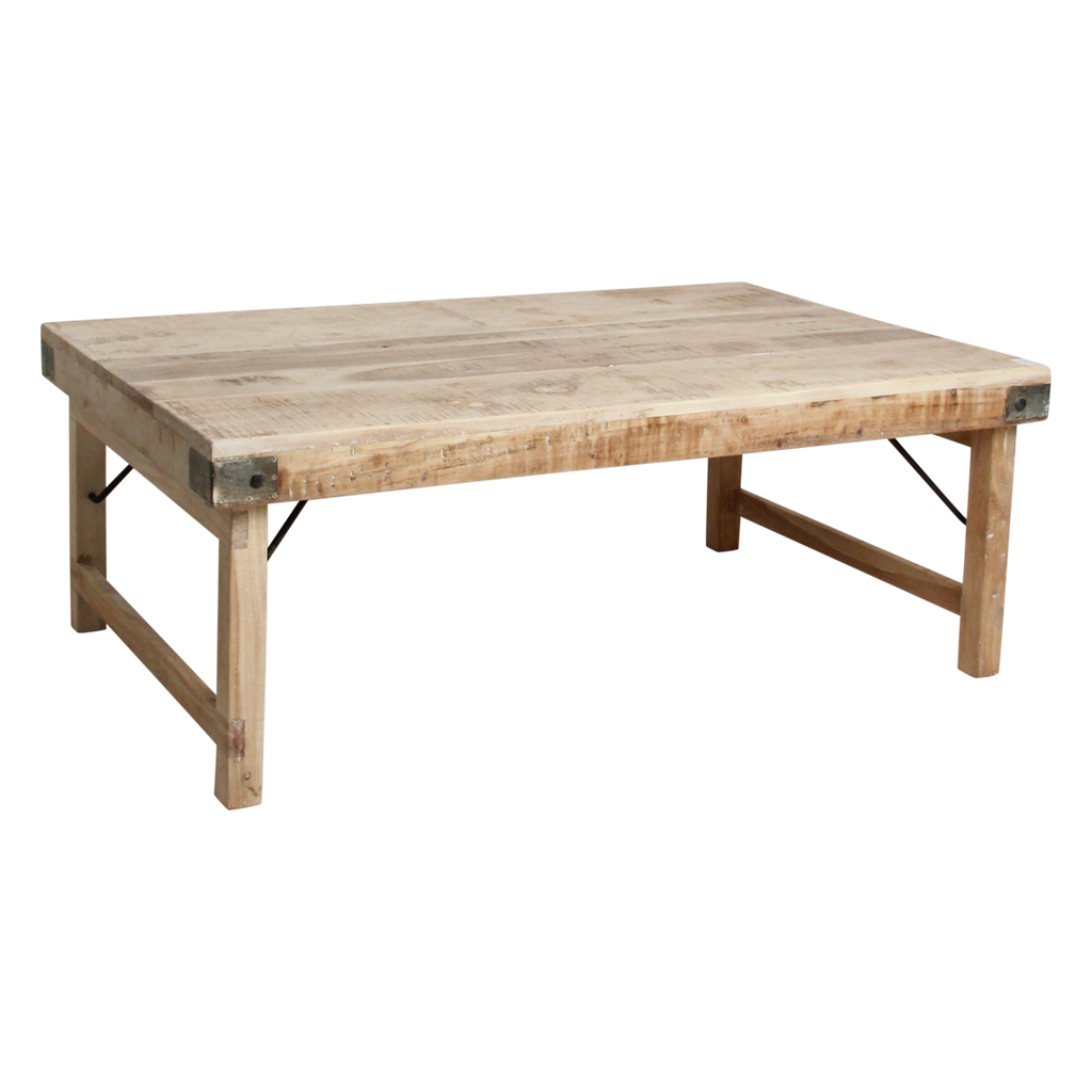 Table basse rectangulaire en bois naturel avec renforts métalliques – 120x75 cm