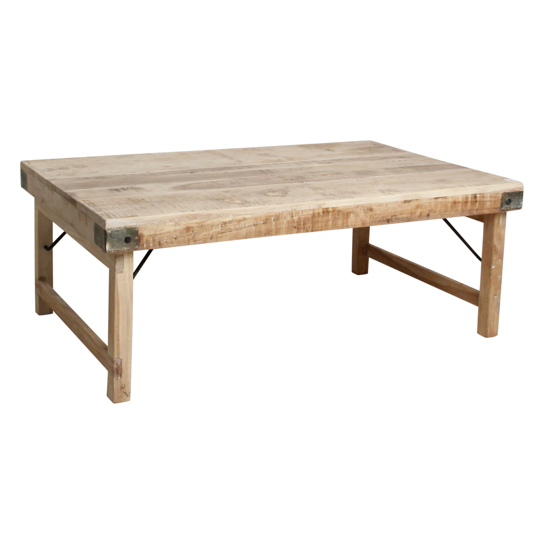 Table basse rectangulaire en bois naturel avec renforts métalliques – 120x75 cm