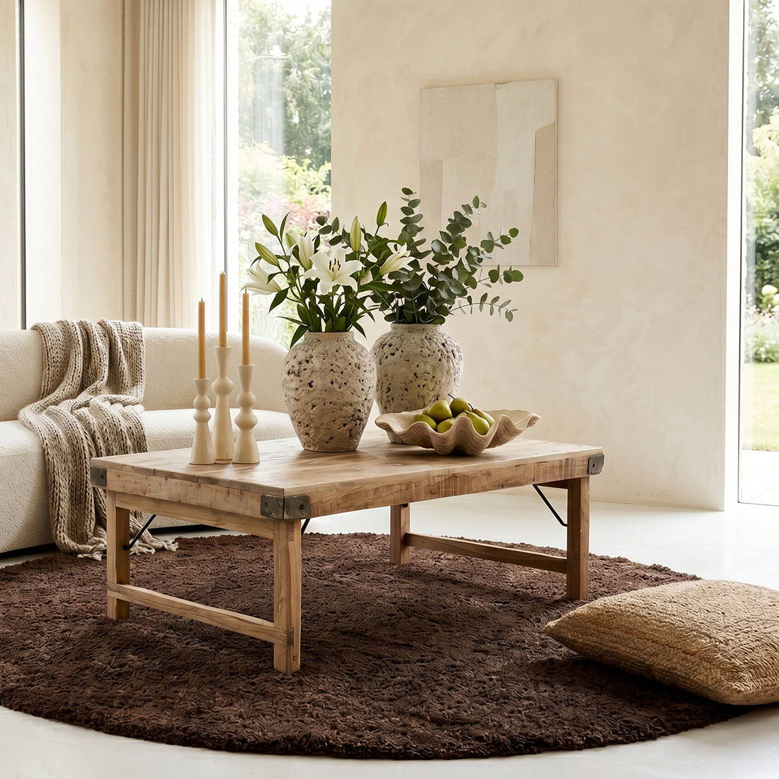 Table basse rectangulaire en bois naturel avec renforts métalliques – 120x75 cm