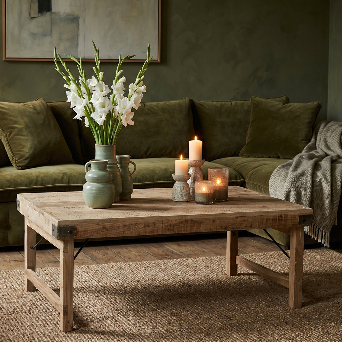 Table basse rectangulaire en bois naturel avec renforts métalliques – 120x75 cm