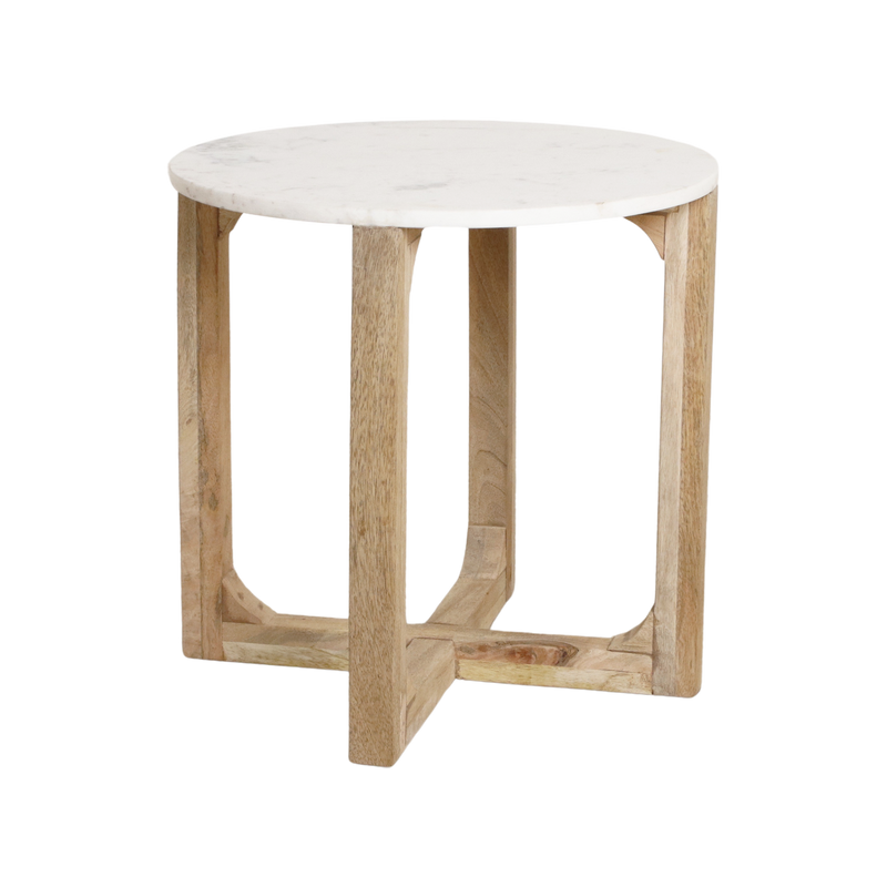 Table d’appoint ronde marbre blanc et bois clair – Ø50 cm