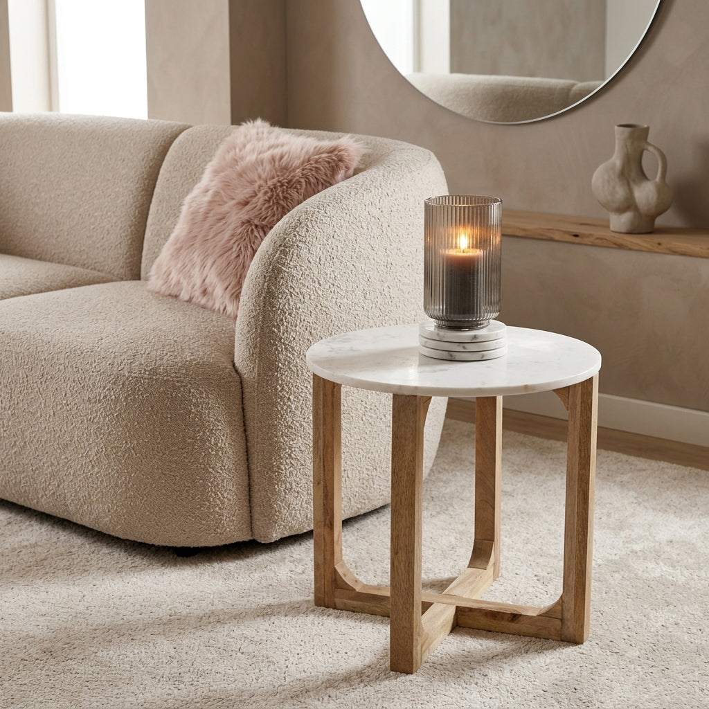 Table d’appoint ronde marbre blanc et bois clair – Ø50 cm