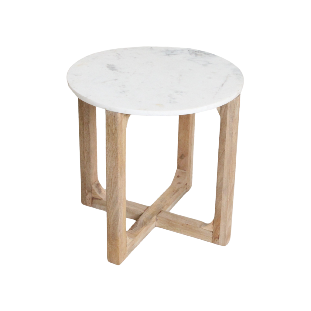 Table d’appoint ronde marbre blanc et bois clair – Ø50 cm