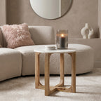 Table d’appoint ronde marbre blanc et bois clair – Ø50 cm