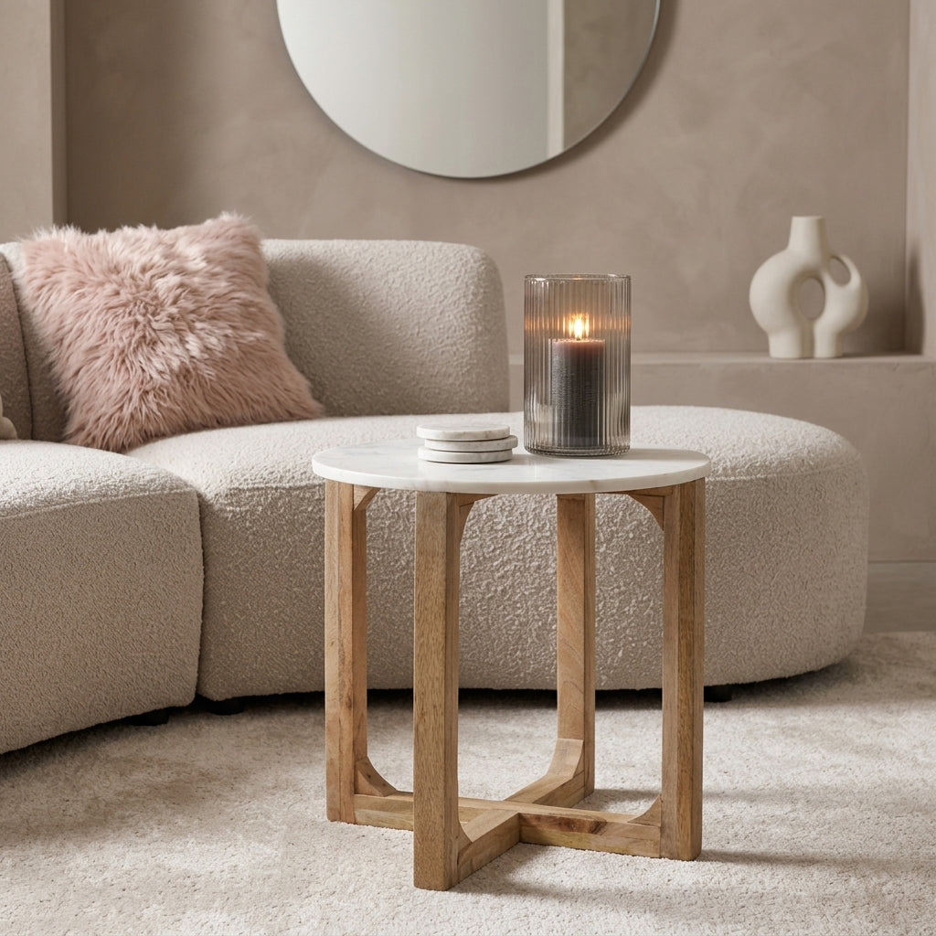 Table d’appoint ronde marbre blanc et bois clair – Ø50 cm