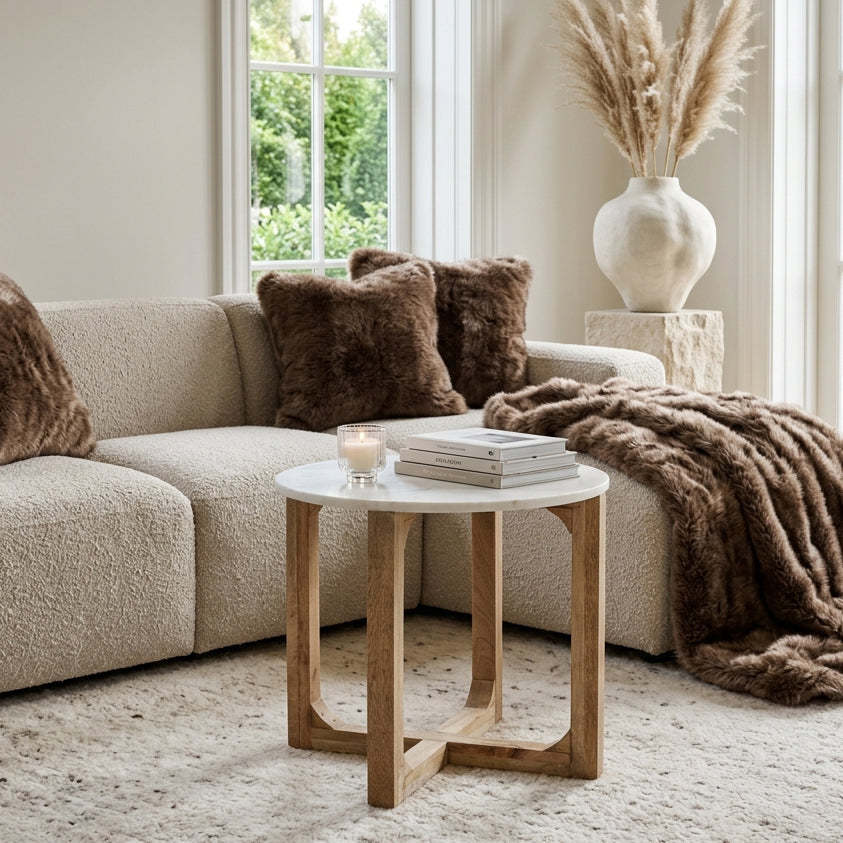 Table d’appoint ronde marbre blanc et bois clair – Ø50 cm