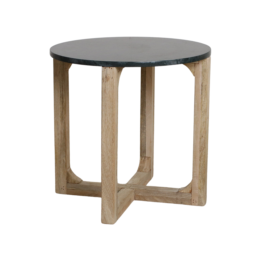 Table d’appoint ronde en marbre vert et bois clair – Ø50 cm