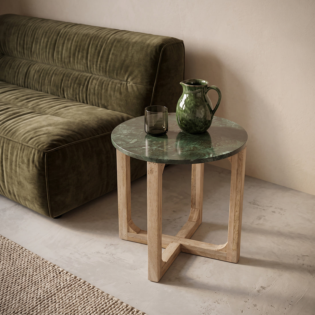 Table d’appoint ronde en marbre vert et bois clair – Ø50 cm