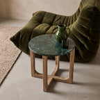 Table d’appoint ronde en marbre vert et bois clair – Ø50 cm