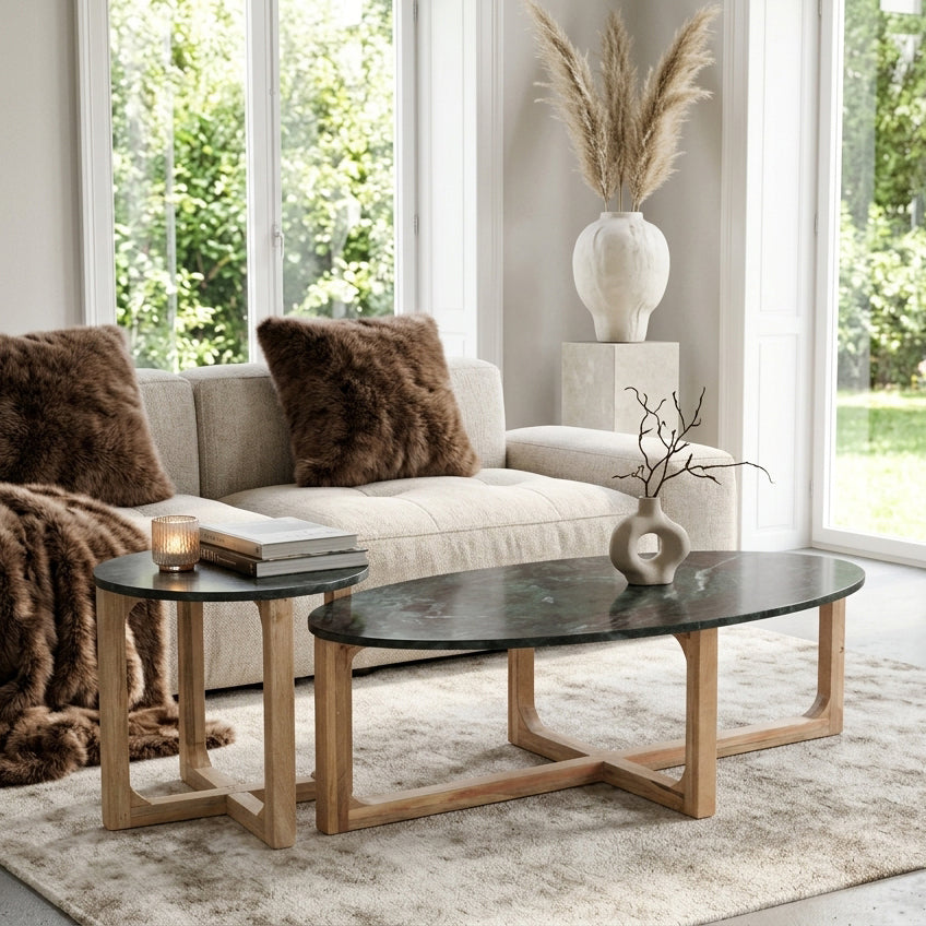 Table d’appoint ronde en marbre vert et bois clair – Ø50 cm