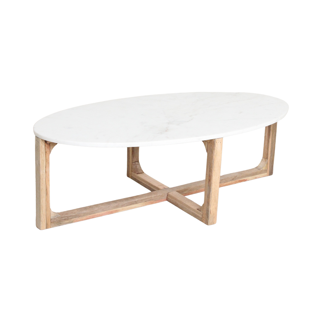Table basse ovale en marbre blanc et bois de manguier – 120x60 cm