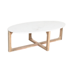 Table basse ovale en marbre blanc et bois de manguier – 120x60 cm