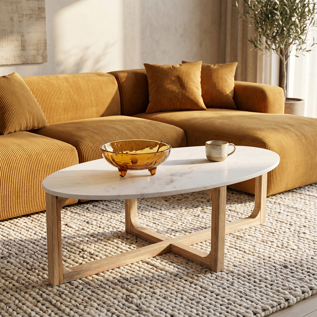 Table basse ovale en marbre blanc et bois de manguier – 120x60 cm