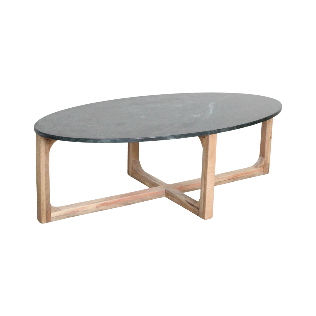 Table basse ovale en marbre noir et bois naturel – 120x60 cm