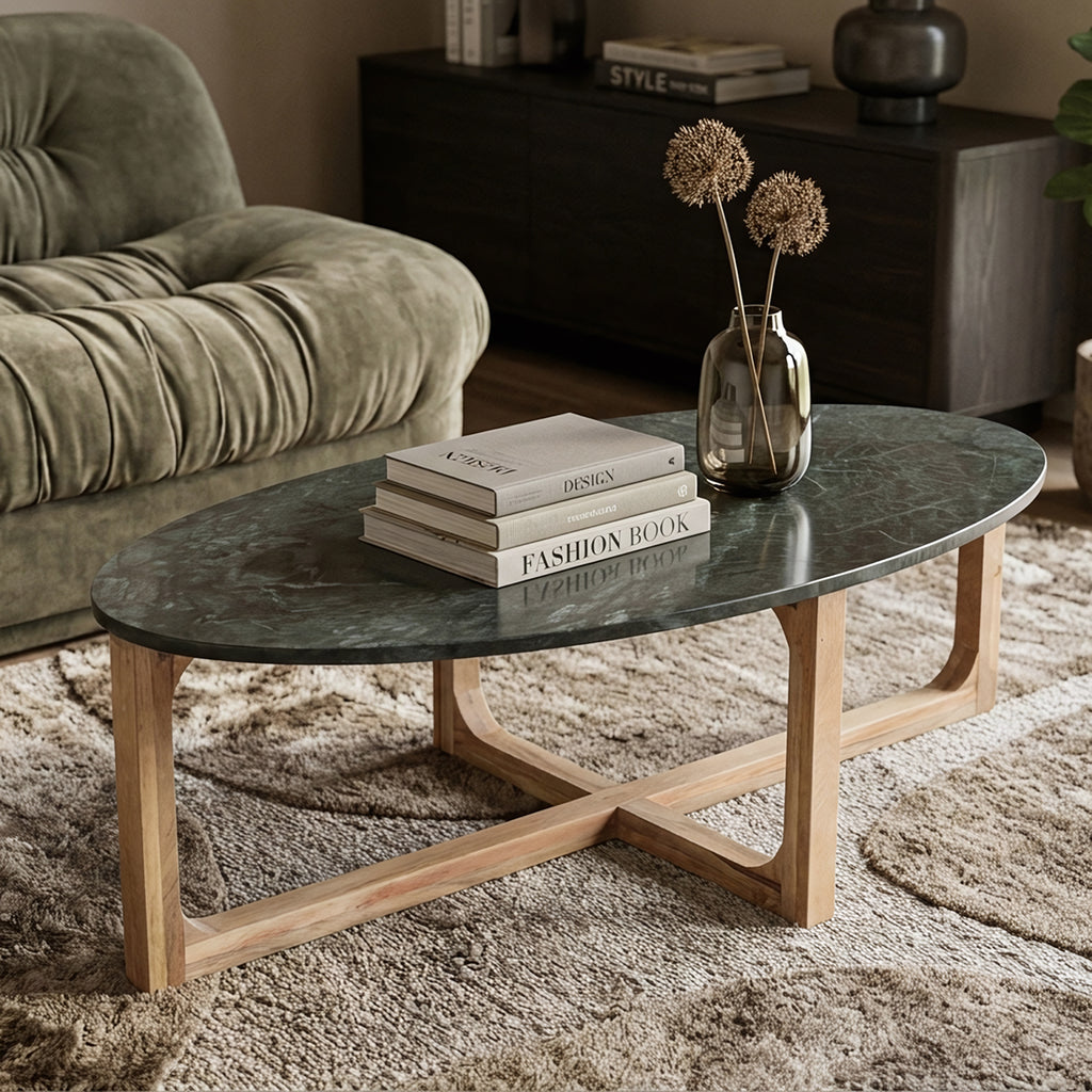 Table basse ovale en marbre noir et bois naturel – 120x60 cm