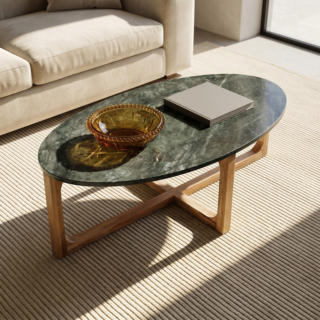 Table basse ovale en marbre noir et bois naturel – 120x60 cm