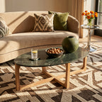 Table basse ovale en marbre noir et bois naturel – 120x60 cm