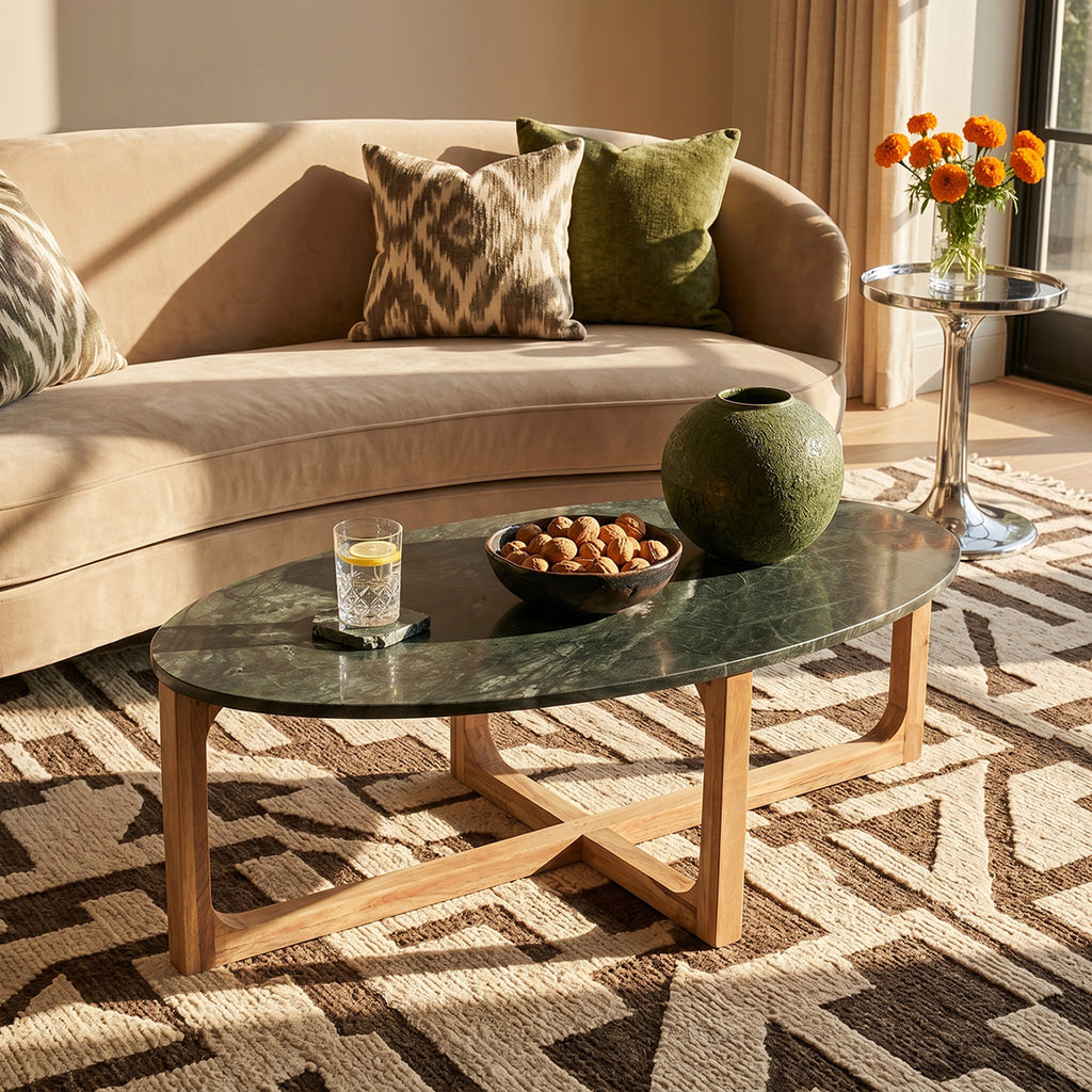Table basse ovale en marbre noir et bois naturel – 120x60 cm