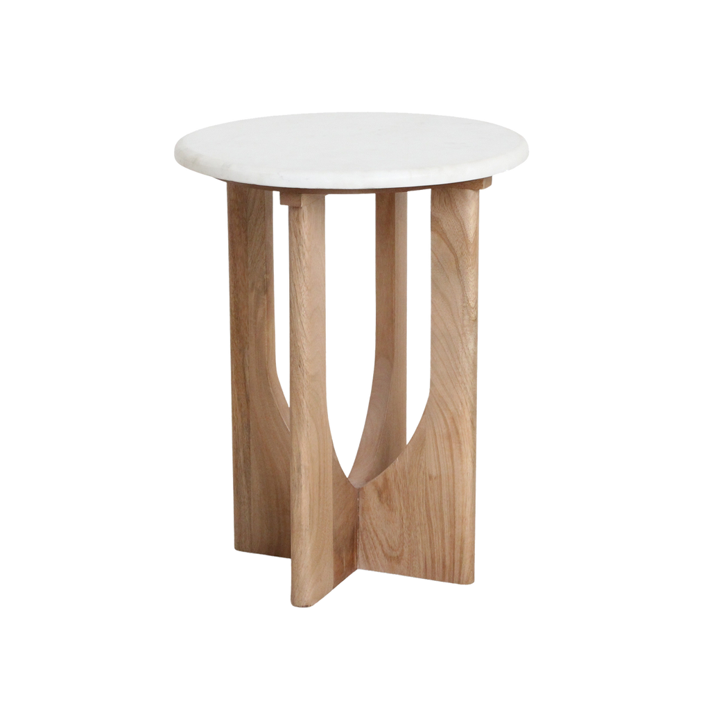 Table d’appoint ronde en marbre blanc et bois clair sculpté – H50 cm