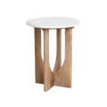 Table d’appoint ronde en marbre blanc et bois clair sculpté – H50 cm