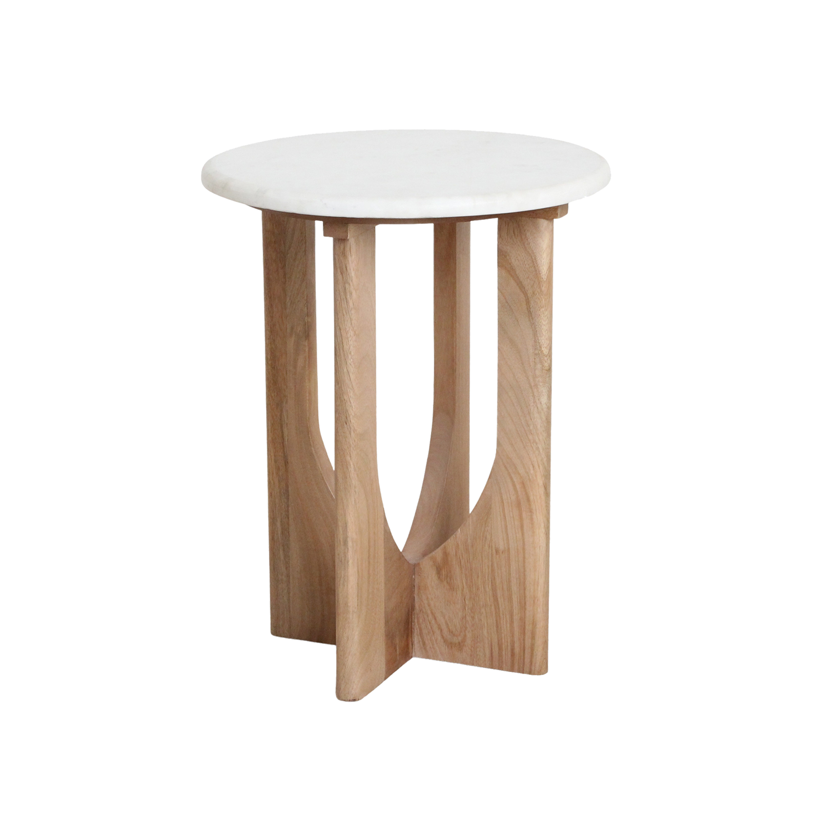 Table d’appoint ronde en marbre blanc et bois clair sculpté – H50 cm