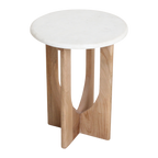 Table d’appoint ronde en marbre blanc et bois clair sculpté – H50 cm