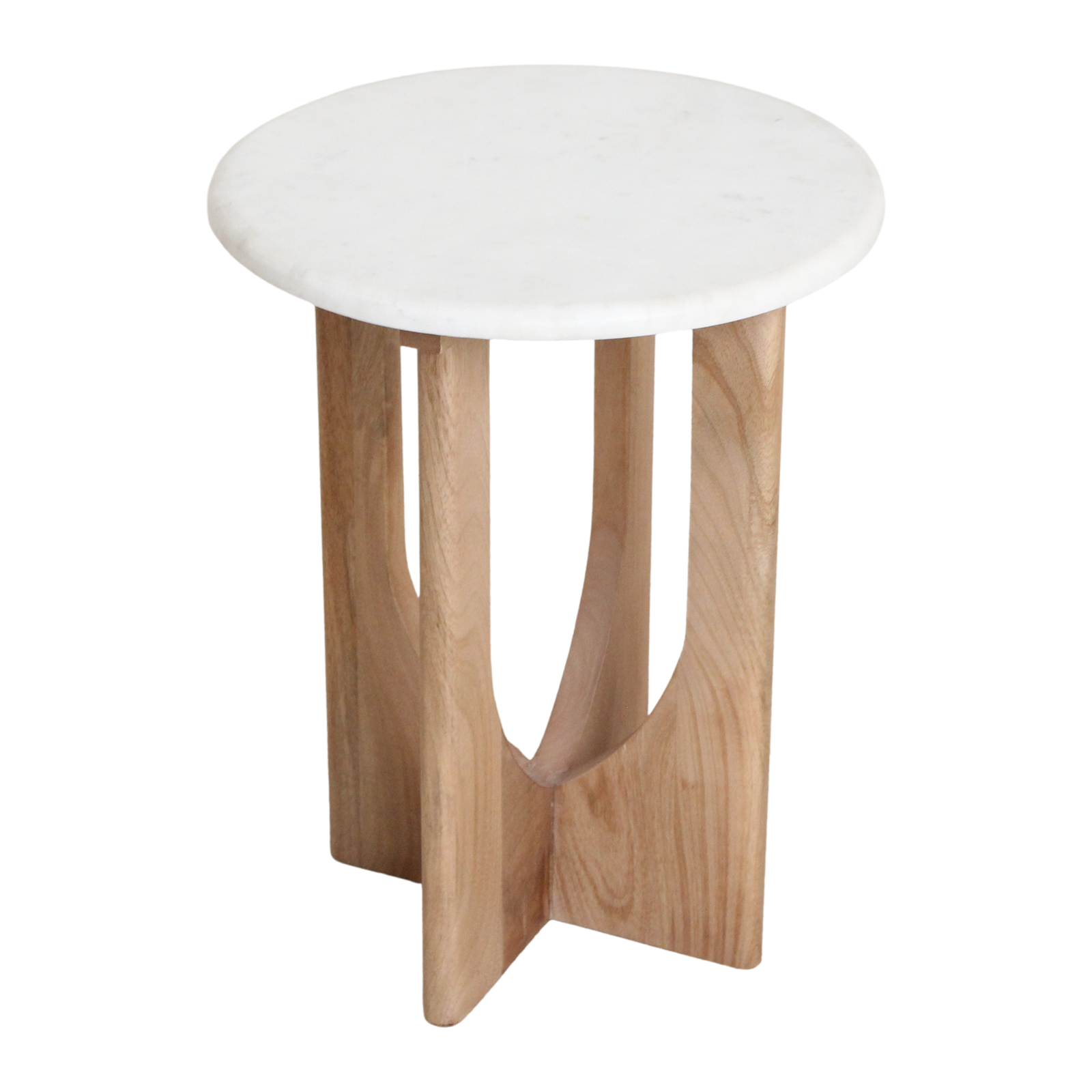 Table d’appoint ronde en marbre blanc et bois clair sculpté – H50 cm