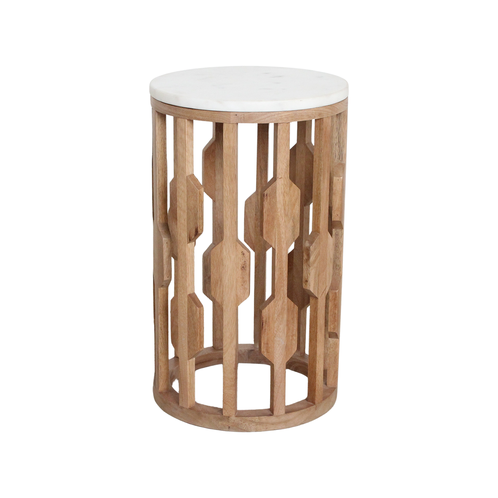 Table d’appoint marbre blanc et bois sculpté ajouré – Ø40 cm