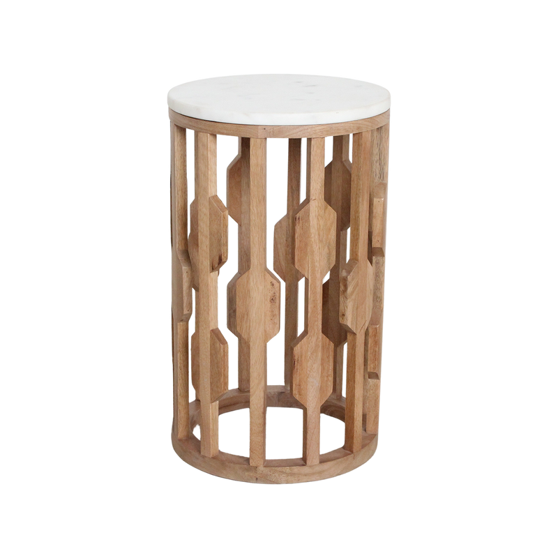 Table d’appoint marbre blanc et bois sculpté ajouré – Ø40 cm