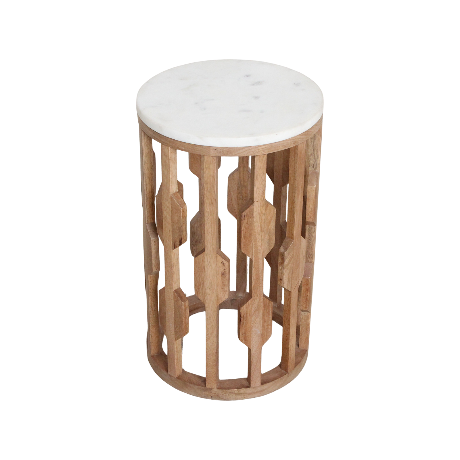 Table d’appoint marbre blanc et bois sculpté ajouré – Ø40 cm