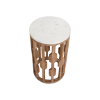 Table d’appoint marbre blanc et bois sculpté ajouré – Ø40 cm