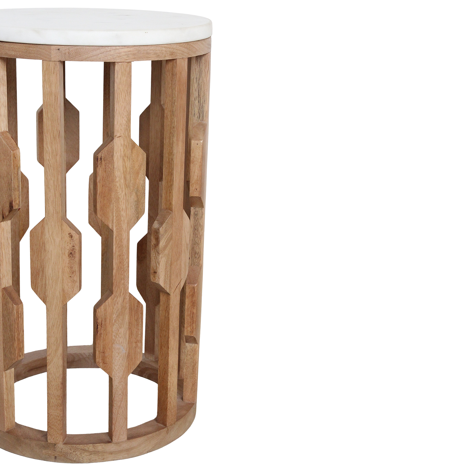 Table d’appoint marbre blanc et bois sculpté ajouré – Ø40 cm