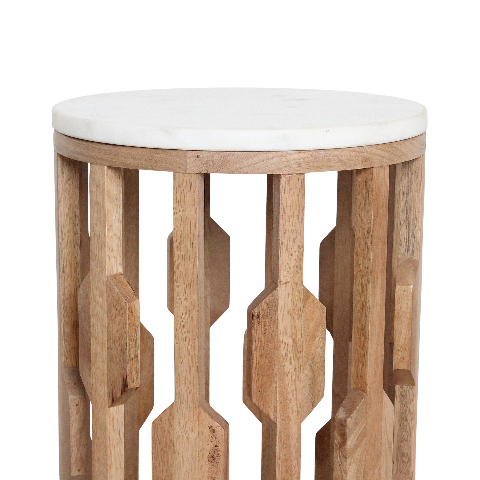 Table d’appoint marbre blanc et bois sculpté ajouré – Ø40 cm