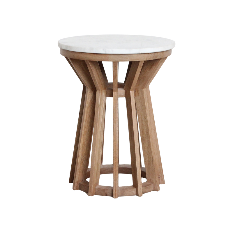 Table d’appoint ronde marbre blanc et bois clair ajouré – Ø40 cm