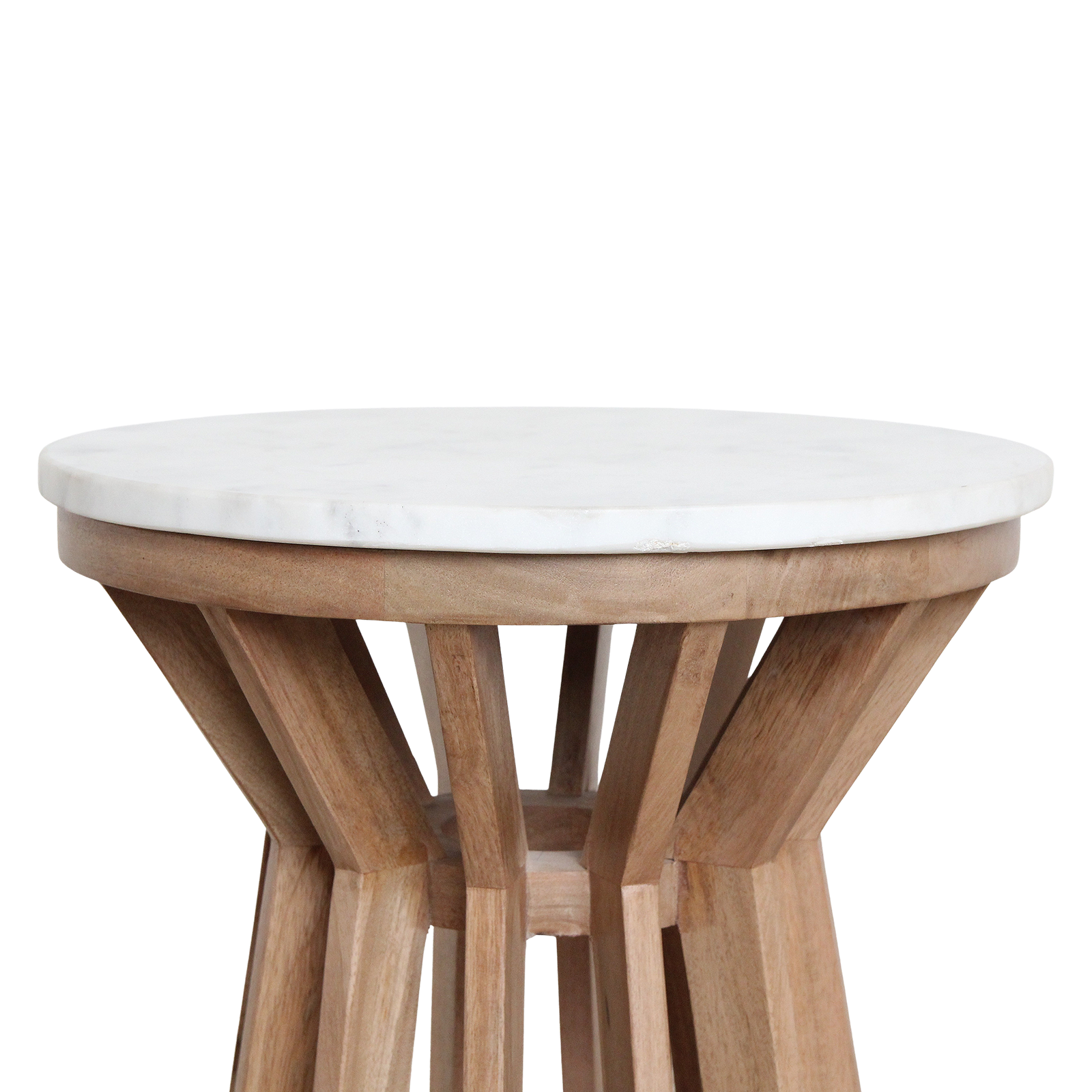 Table d’appoint ronde marbre blanc et bois clair ajouré – Ø40 cm