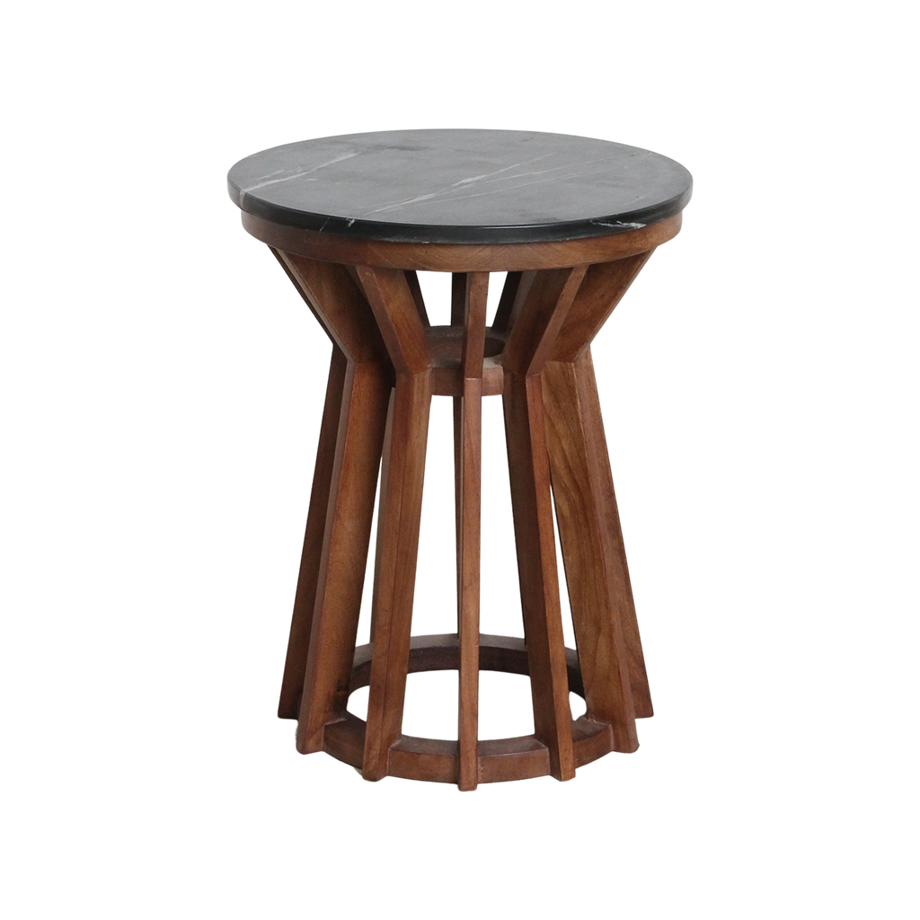 Table d’appoint ronde en marbre noir et bois de manguier sculpté – Ø40 cm