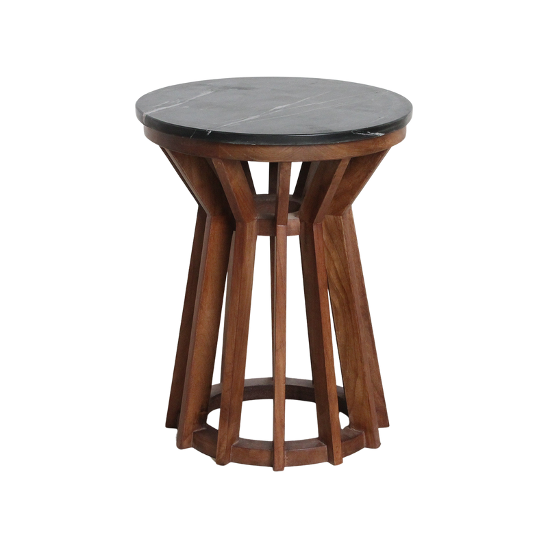 Table d’appoint ronde en marbre noir et bois de manguier sculpté – Ø40 cm