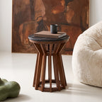 Table d’appoint ronde en marbre noir et bois de manguier sculpté – Ø40 cm