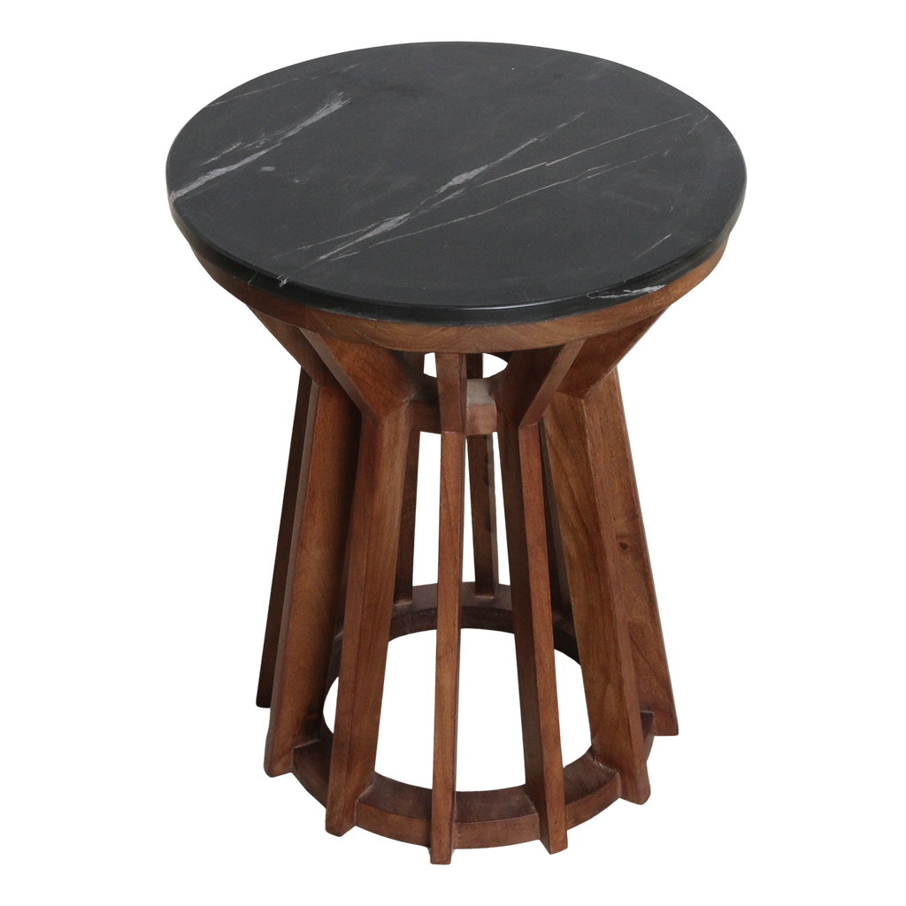 Table d’appoint ronde en marbre noir et bois de manguier sculpté – Ø40 cm
