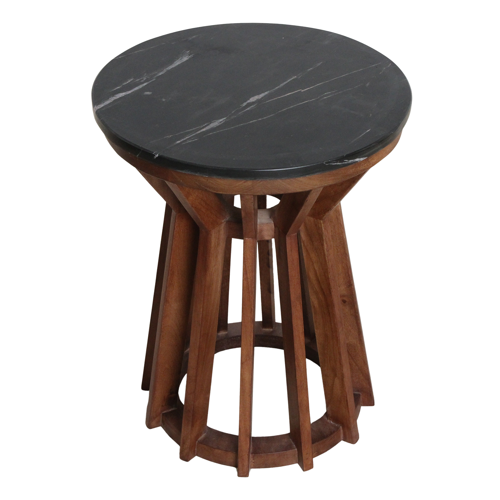 Table d’appoint ronde en marbre noir et bois de manguier sculpté – Ø40 cm