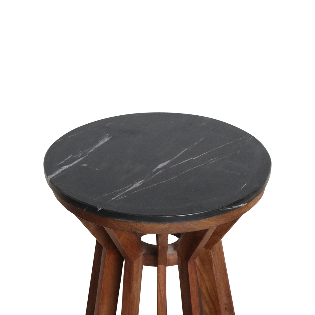 Table d’appoint ronde en marbre noir et bois de manguier sculpté – Ø40 cm