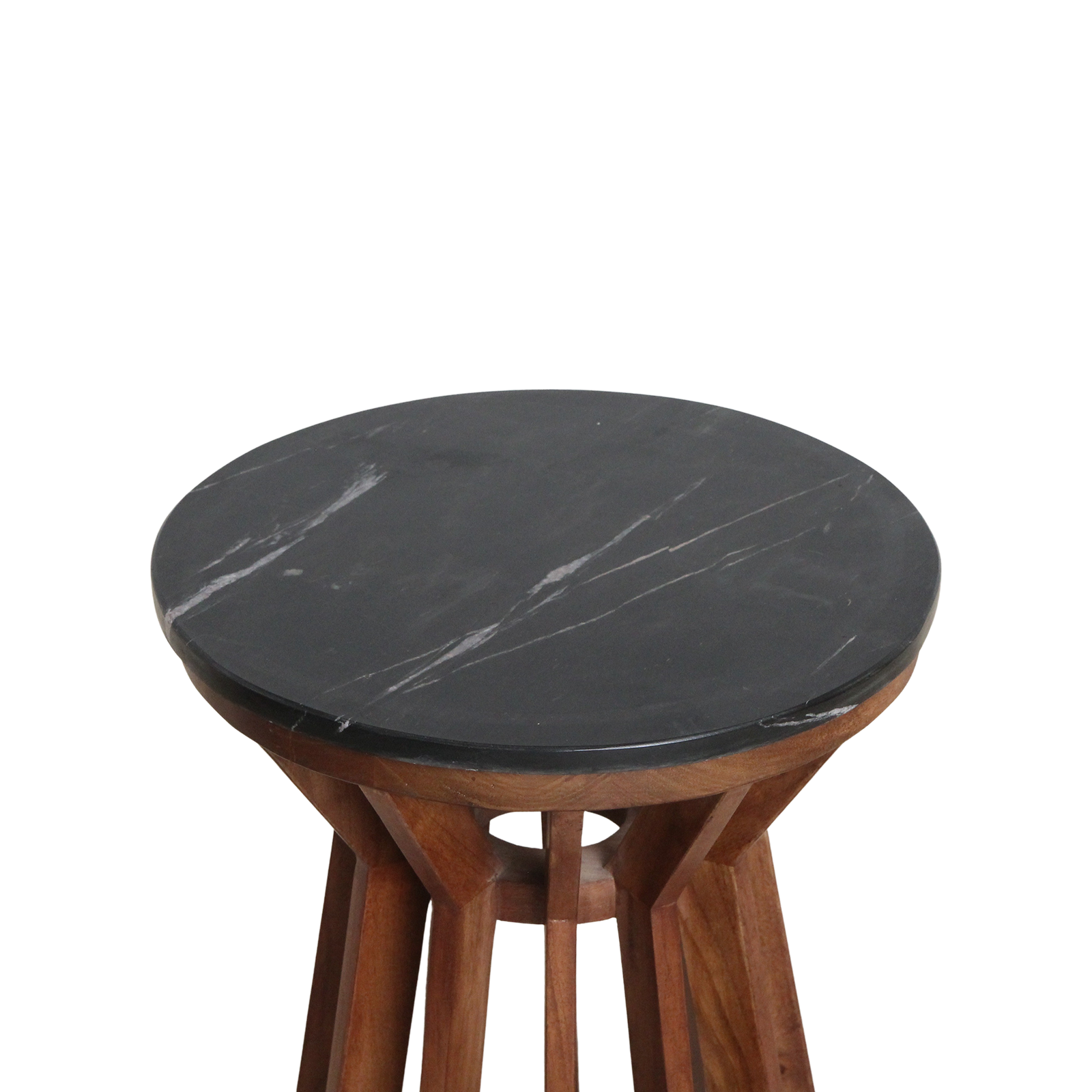 Table d’appoint ronde en marbre noir et bois de manguier sculpté – Ø40 cm