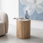 Table d’appoint ronde marbre blanc et bois clair cannelé – Ø40 cm