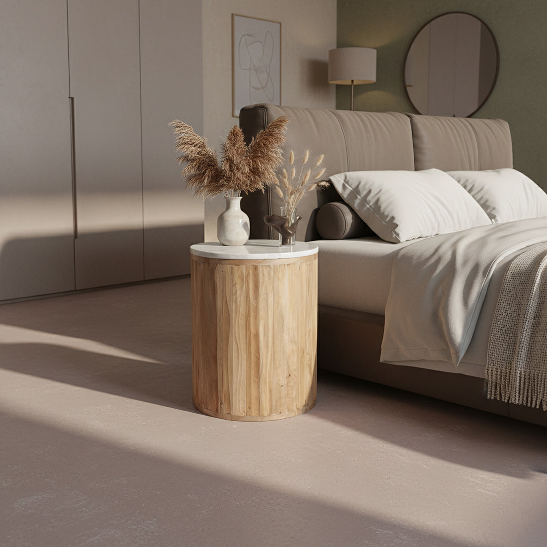Table d’appoint ronde marbre blanc et bois clair cannelé – Ø40 cm
