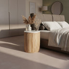 Table d’appoint ronde marbre blanc et bois clair cannelé – Ø40 cm