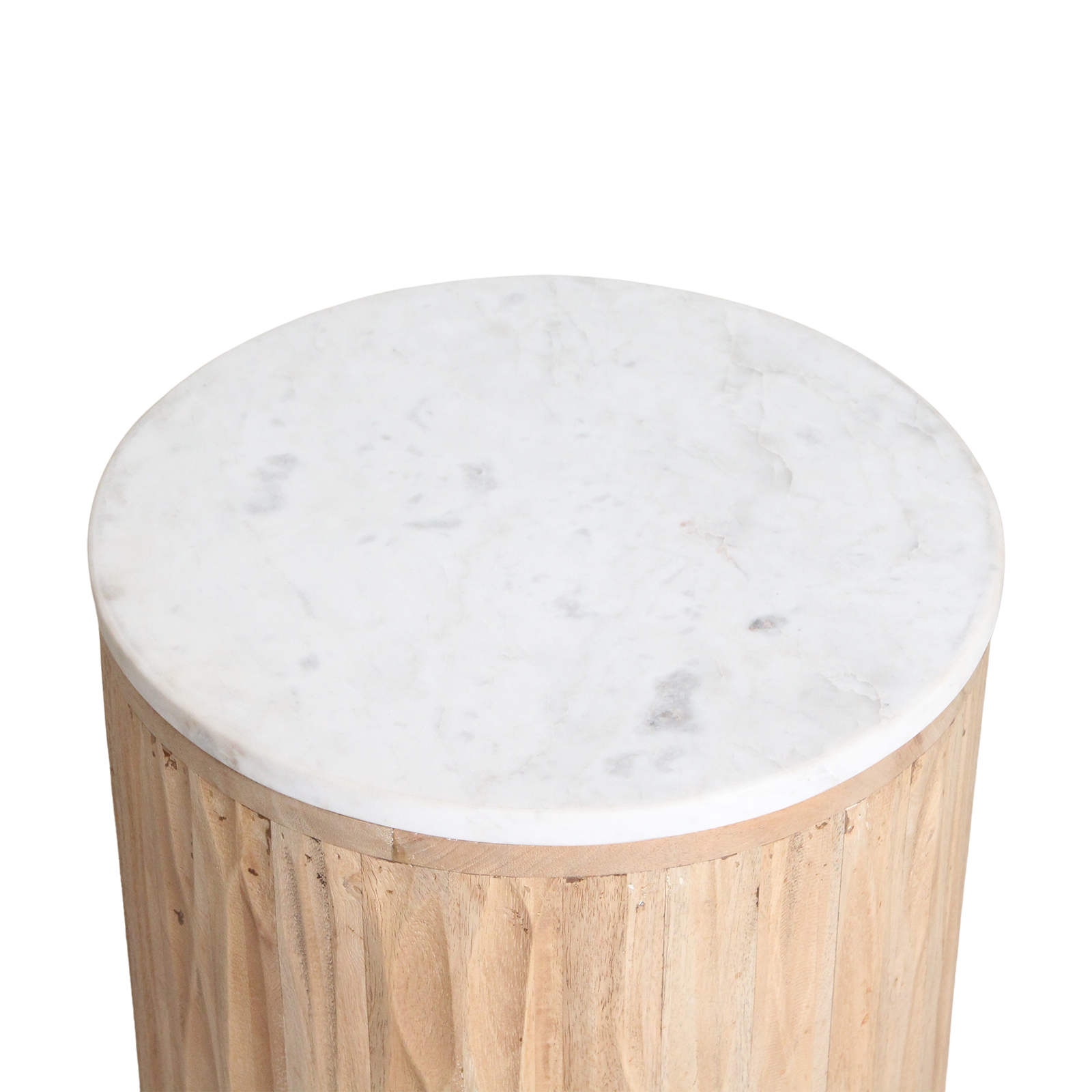 Table d’appoint ronde marbre blanc et bois clair cannelé – Ø40 cm