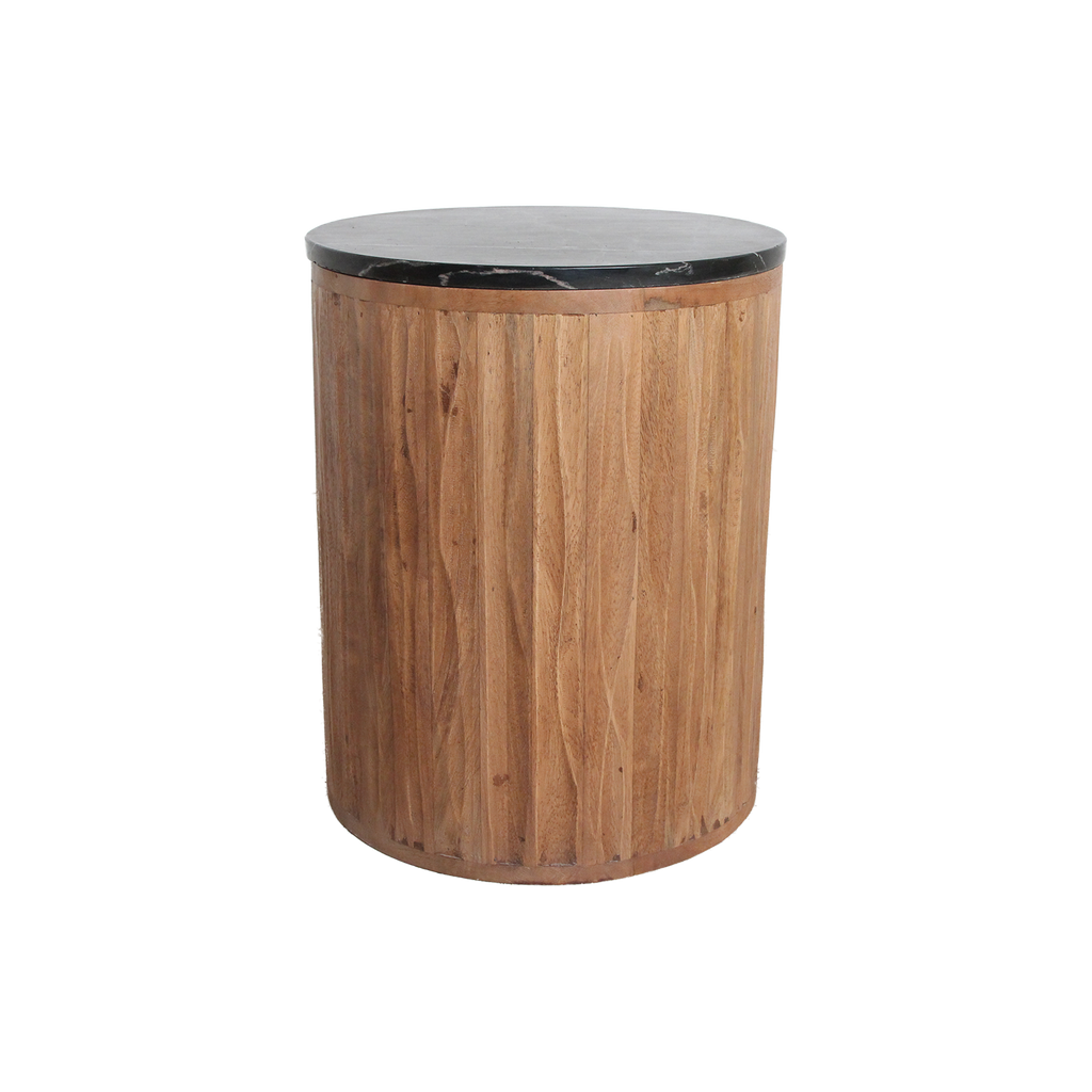 Table d’appoint ronde en bois cannelé et marbre noir – Ø40 cm