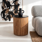 Table d’appoint ronde en bois cannelé et marbre noir – Ø40 cm