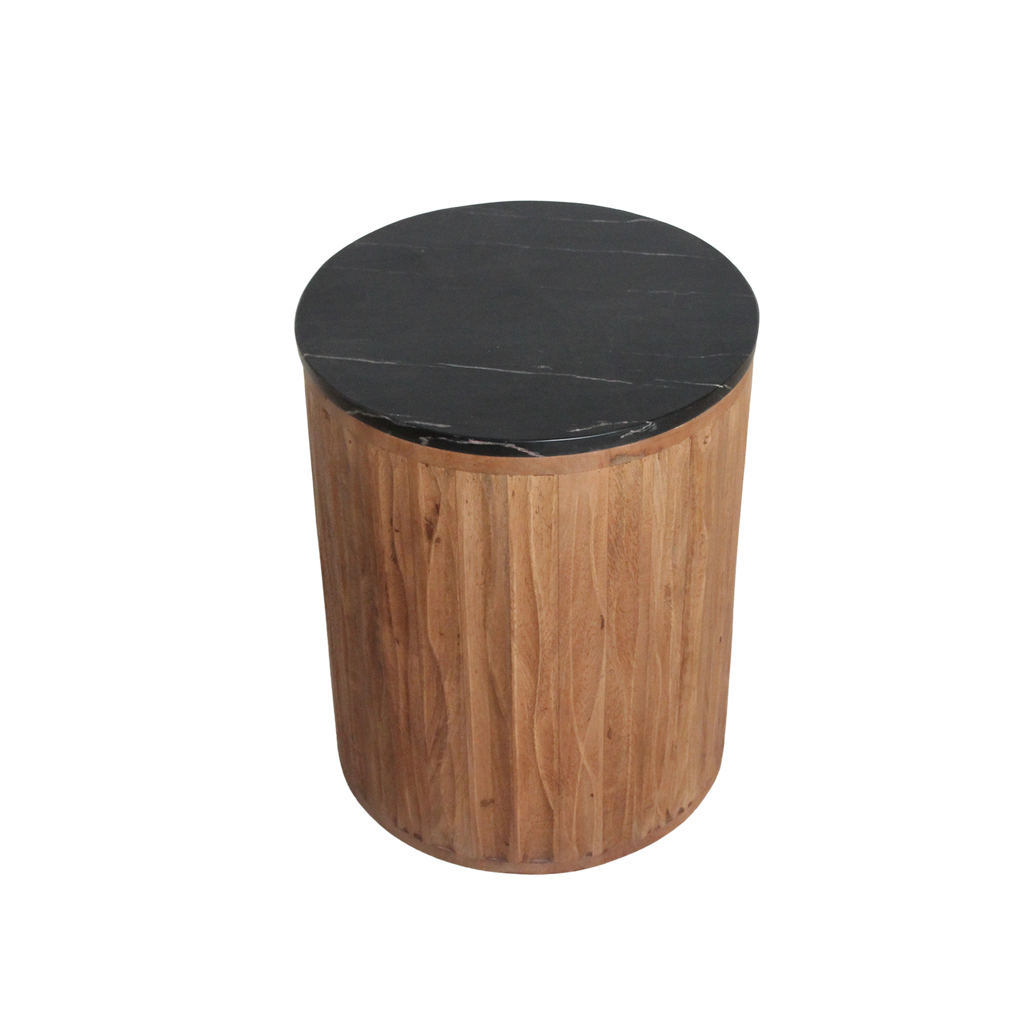 Table d’appoint ronde en bois cannelé et marbre noir – Ø40 cm