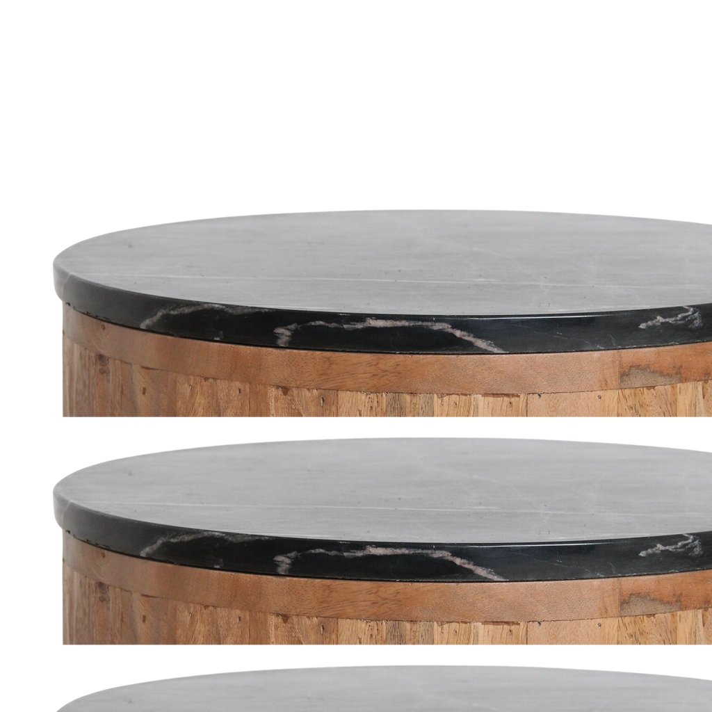 Table d’appoint ronde en bois cannelé et marbre noir – Ø40 cm